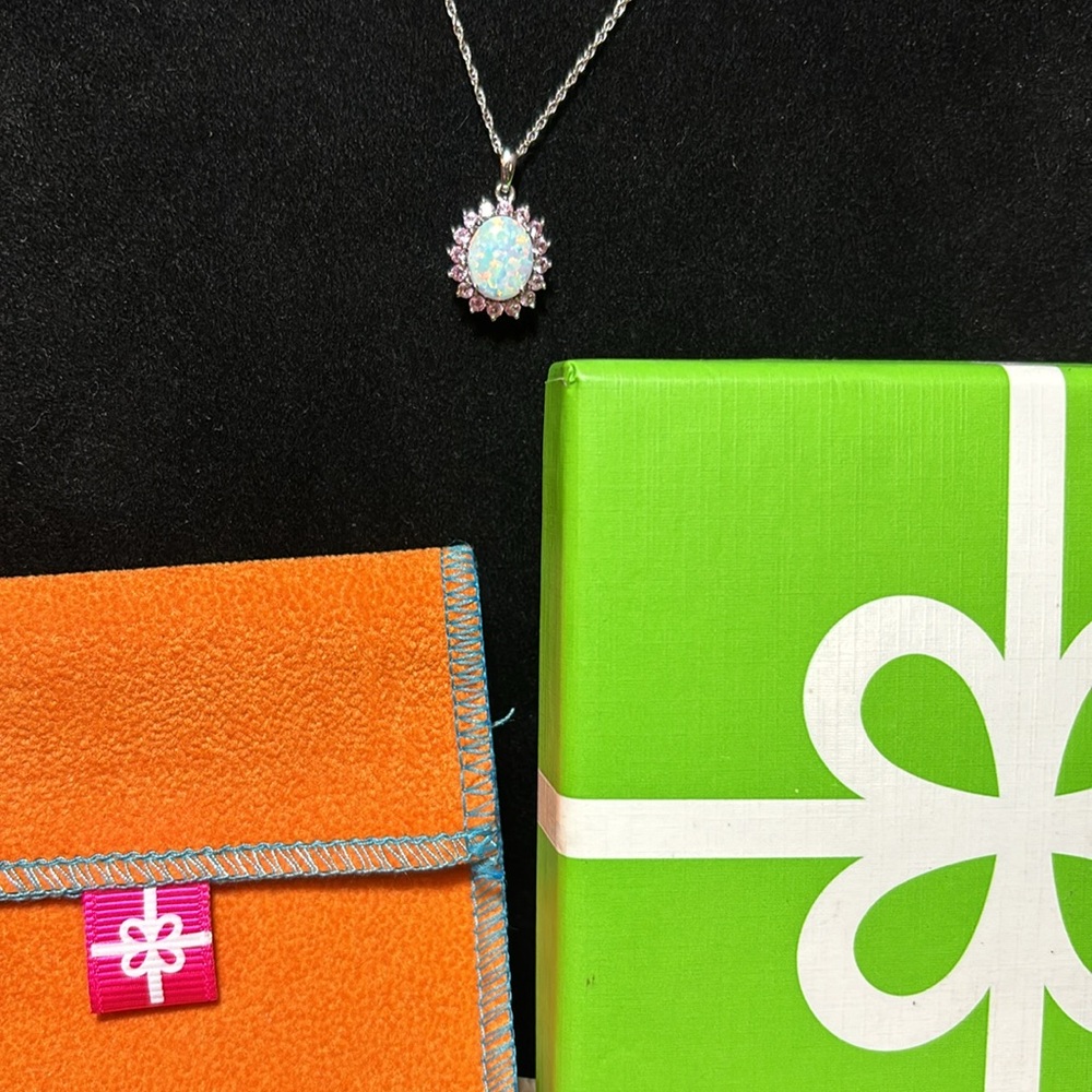 JCPenny 925 Sterling Silver 18”L Necklace Lab Opal Pink Crystal Halo Pendant NIB
